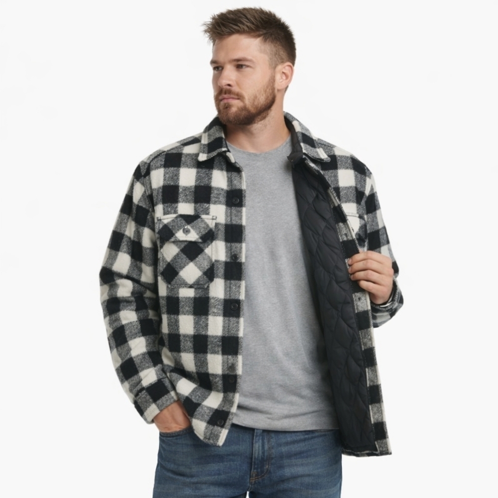 Brewster Wool Linen Black and White Quilted Checkered Plaid Shacket Men's Large